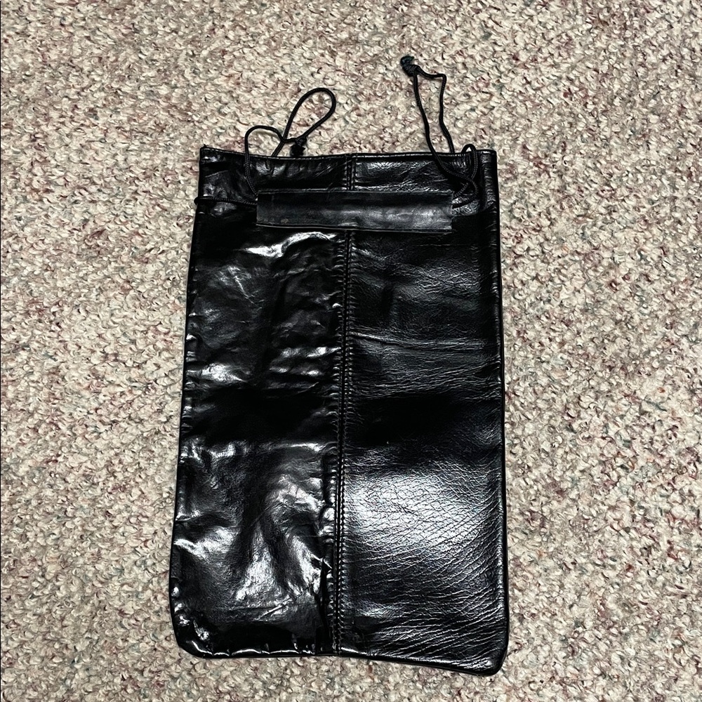 Vintage Black Leather Drawstring Bag- shoe bag